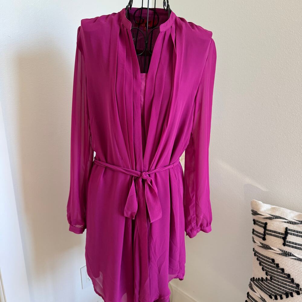 Saks Fifth Avenue Fuchsia Pink Chiffon Pleated Sheer Long Sleeve Shirt Dress